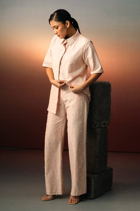 Shop_Karishma Kajaria_Pink Cotton, Silk Pearls, Embroidery Collared Floral Shirt With Pant _Online_at_Aza_Fashions