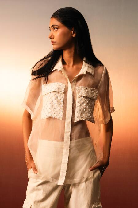 Buy_Karishma Kajaria_Beige Organza, Cotton, Pearls, Embroidery Collared Shirt And Pant Set _Online_at_Aza_Fashions