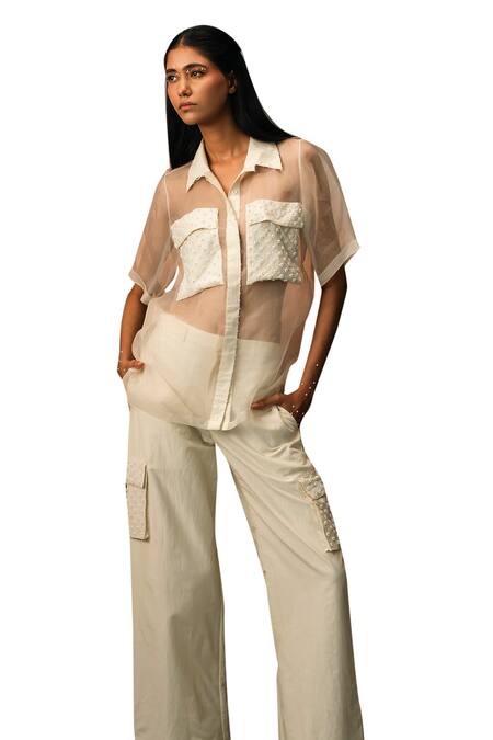 Shop Karishma Kajaria Beige Organza, Cotton, Pearls, Embroidery Collared Shirt And Pant Set Online at Aza Fashions Shop_Karishma Kajaria_Beige Organza, Cotton, Pearls, Embroidery Collared Shirt And Pant Set _Online_at_Aza_Fashions