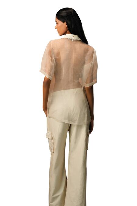 Karishma Kajaria Beige Organza, Cotton, Pearls, Embroidery Collared Shirt And Pant Set at Aza Fashions Karishma Kajaria_Beige Organza, Cotton, Pearls, Embroidery Collared Shirt And Pant Set _at_Aza_Fashions