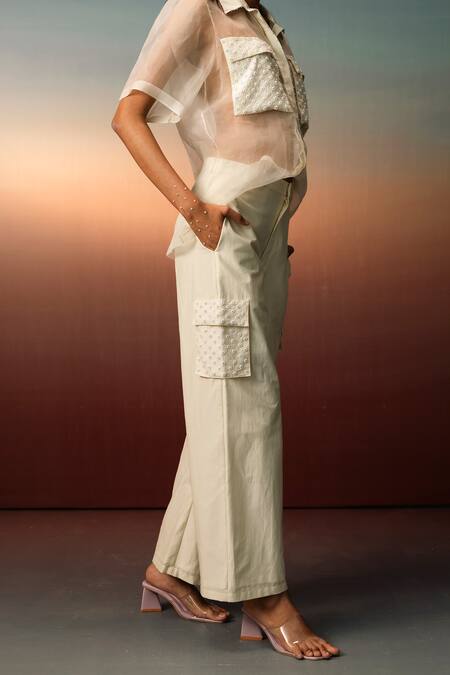 Buy_Karishma Kajaria_Beige Organza, Cotton, Pearls, Embroidery Collared Shirt And Pant Set 