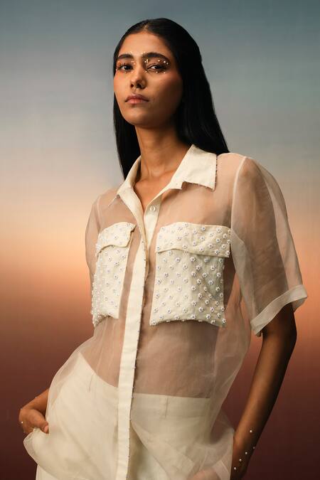 Shop_Karishma Kajaria_Beige Organza, Cotton, Pearls, Embroidery Collared Shirt And Pant Set 