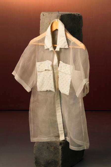 Karishma Kajaria_Beige Silk Organza, Cotton Pearls Collared Embroidered Shirt With Inner _Online_at_Aza_Fashions