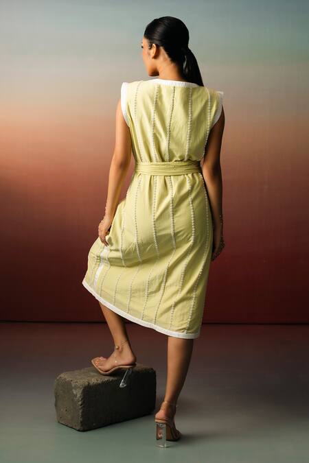 Shop_Karishma Kajaria_Green Cotton Silk Hand Embroidery Floral Boat Neck Stripe Dress _at_Aza_Fashions