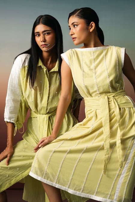 Buy_Karishma Kajaria_Green Cotton Silk Hand Embroidery Floral Boat Neck Stripe Dress _Online_at_Aza_Fashions