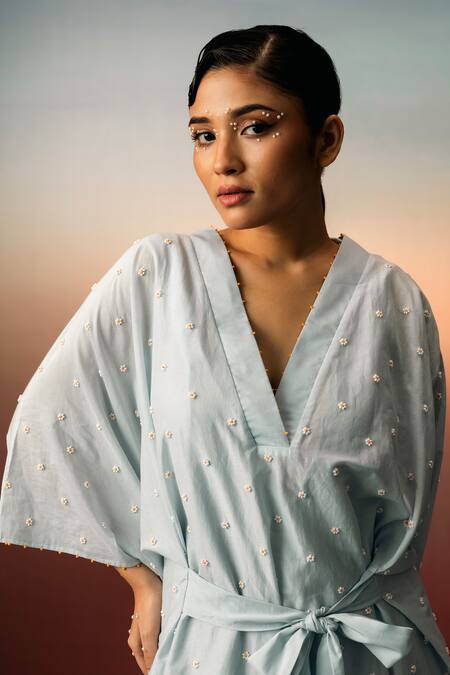 Buy_Karishma Kajaria_Blue Cotton, Silk Pearls V-neck Floral Embroidered Kaftan With Inner _Online_at_Aza_Fashions