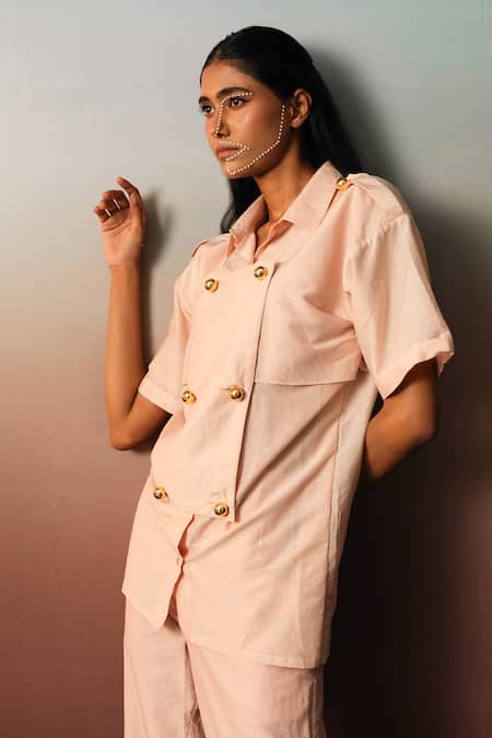 Buy_Karishma Kajaria_Pink Cotton, Silk Collared Panelled Shirt With Pant _Online_at_Aza_Fashions