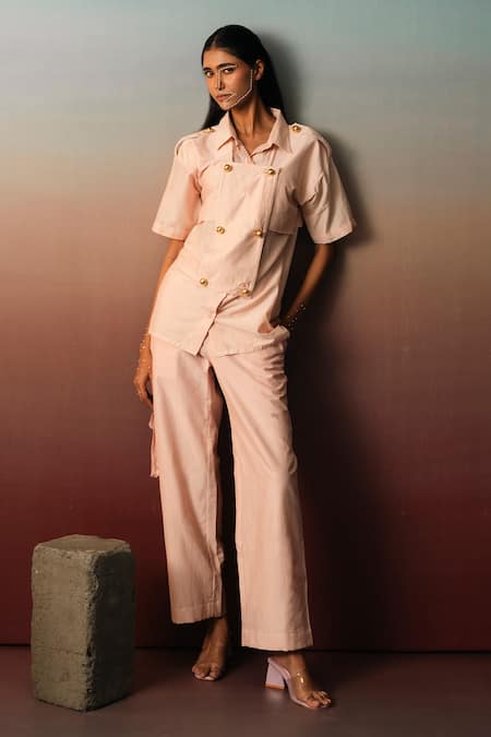 Karishma Kajaria_Pink Cotton, Silk Collared Panelled Flap Shirt _Online_at_Aza_Fashions