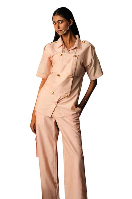 Buy_Karishma Kajaria_Pink Cotton, Silk Collared Panelled Flap Shirt _Online_at_Aza_Fashions