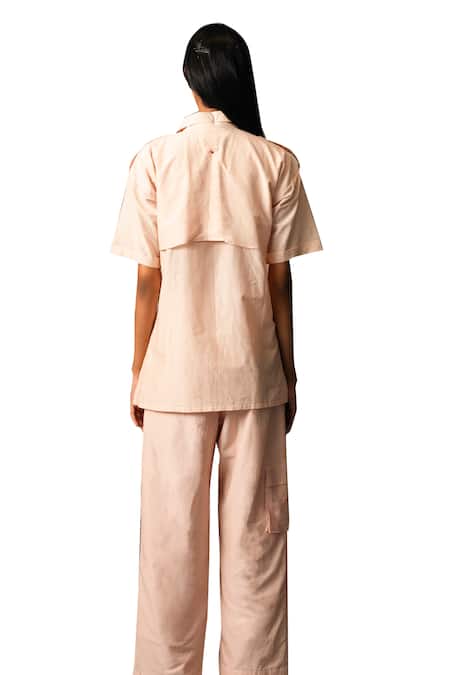 Shop_Karishma Kajaria_Pink Cotton, Silk Collared Panelled Flap Shirt _Online_at_Aza_Fashions