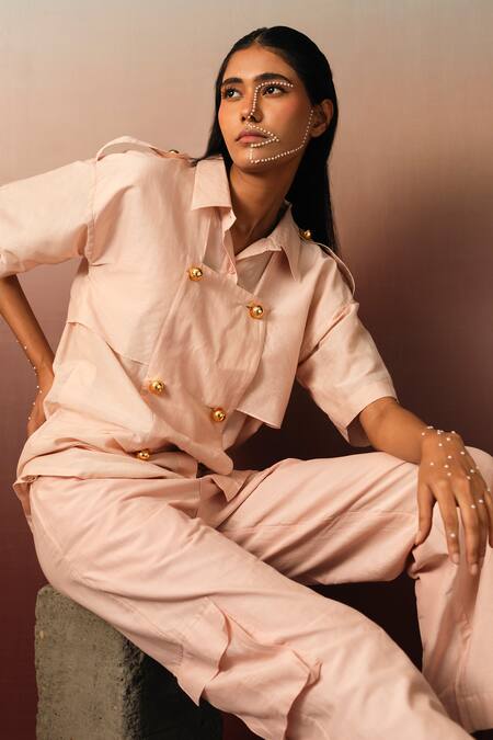 Karishma Kajaria_Pink Cotton, Silk Collared Panelled Flap Shirt _at_Aza_Fashions