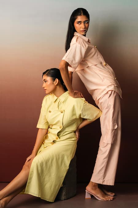 Shop_Karishma Kajaria_Pink Cotton, Silk Collared Panelled Flap Shirt 