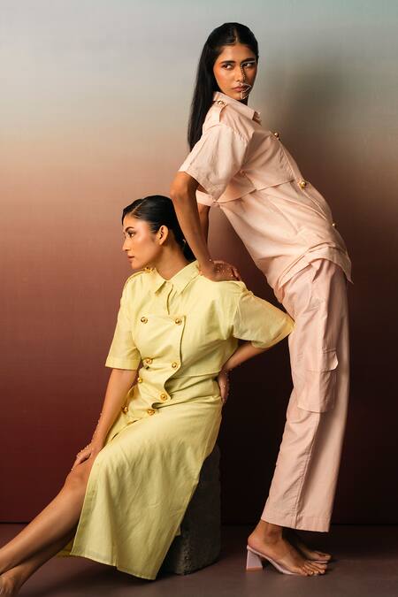 Buy_Karishma Kajaria_Green Cotton, Silk Collared Panelled A-line Dress _Online_at_Aza_Fashions