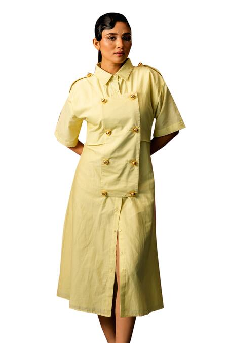 Karishma Kajaria_Green Cotton, Silk Collared Panelled A-line Dress _at_Aza_Fashions