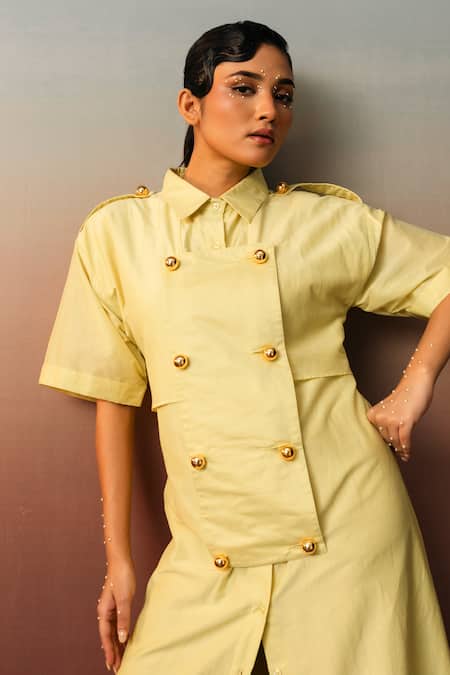 Buy_Karishma Kajaria_Green Cotton, Silk Collared Panelled A-line Dress 