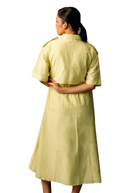 Shop_Karishma Kajaria_Green Cotton, Silk Collared Panelled A-line Dress 