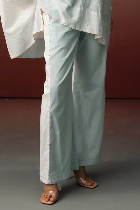 Karishma Kajaria_Blue Cotton, Silk Beads V-neck Hand Embroidered Kaftan With Pant _Online_at_Aza_Fashions