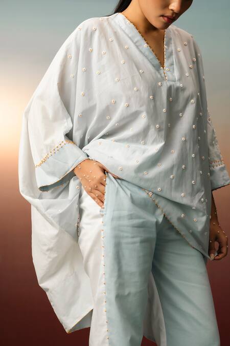 Buy_Karishma Kajaria_Blue Cotton, Silk Beads V-neck Hand Embroidered Kaftan With Pant _Online_at_Aza_Fashions