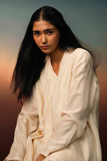 Buy_Karishma Kajaria_Beige Silk V-neck Draped Top With Trouser _Online_at_Aza_Fashions