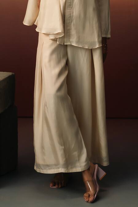 Shop_Karishma Kajaria_Beige Silk V-neck Draped Top With Trouser _Online_at_Aza_Fashions