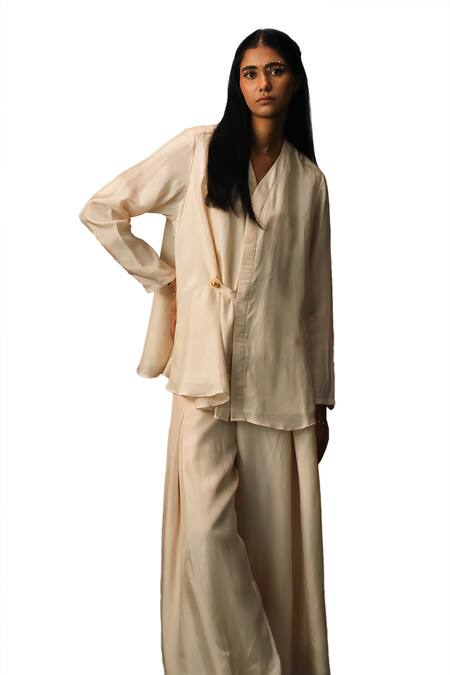Karishma Kajaria_Beige Silk V-neck Draped Top With Trouser _at_Aza_Fashions