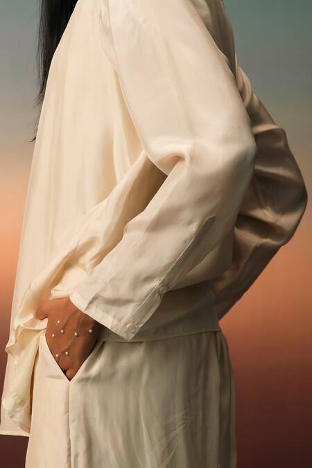 Shop_Karishma Kajaria_Beige Silk V-neck Draped Top With Trouser 