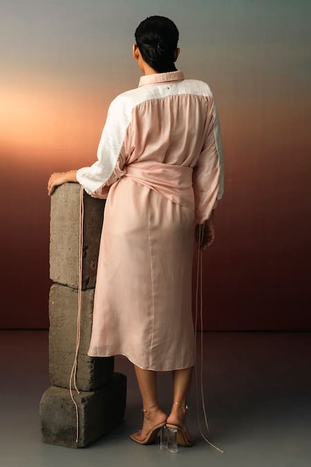 Shop_Karishma Kajaria_Pink Habutai Silk Collared Pleated Wrap Dress _at_Aza_Fashions