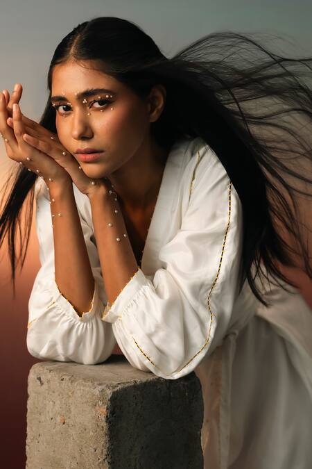 Buy_Karishma Kajaria_White Cotton, Silk Beads V-neck Hand Embroidered Wrap Dress _Online_at_Aza_Fashions