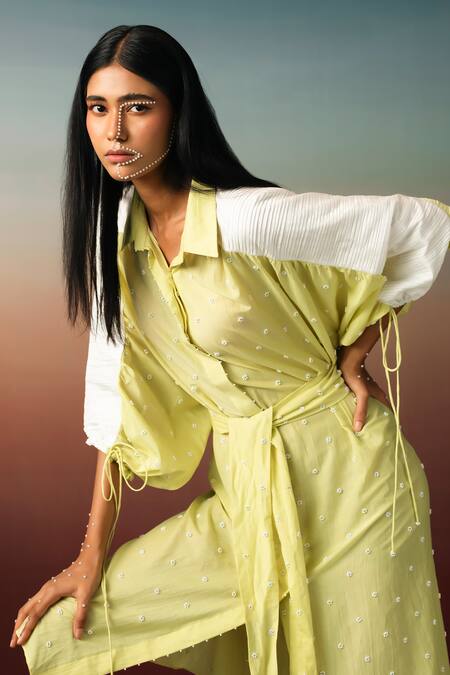 Buy_Karishma Kajaria_Green Cotton, Silk Embroidery Collared Mini Flower Hand Wrap Dress _Online_at_Aza_Fashions