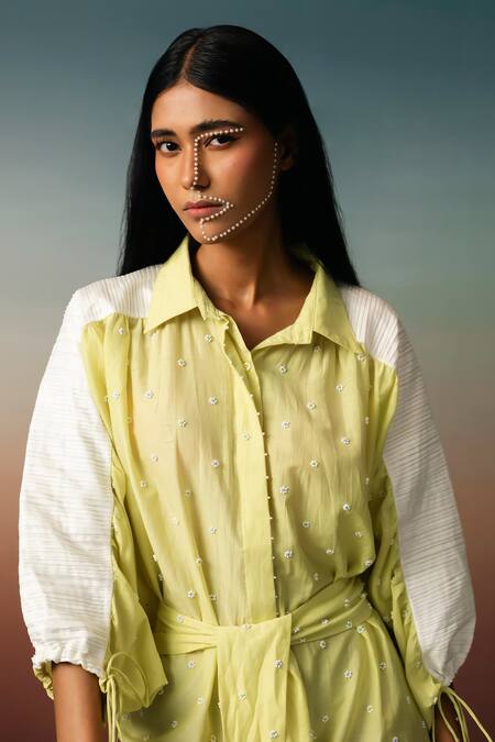 Shop_Karishma Kajaria_Green Cotton, Silk Embroidery Collared Mini Flower Hand Wrap Dress _Online_at_Aza_Fashions