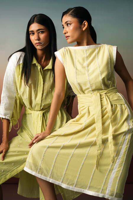 Karishma Kajaria_Green Cotton, Silk Embroidery Collared Mini Flower Hand Wrap Dress _at_Aza_Fashions