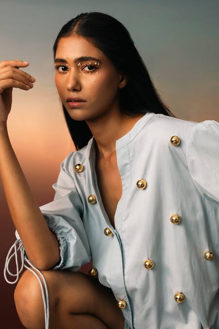 Buy_Karishma Kajaria_Blue Gingham Embroidery Mandarin Collar Hand Shirt With Short _Online_at_Aza_Fashions