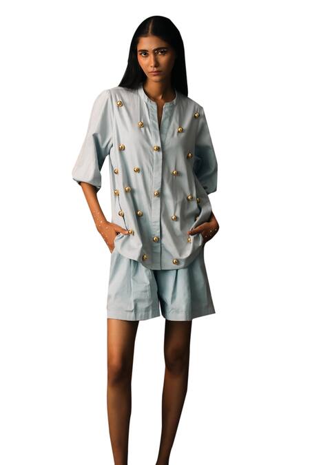 Shop Karishma Kajaria Blue Gingham Embroidery Mandarin Collar Hand Shirt With Short Online at Aza Fashions Shop_Karishma Kajaria_Blue Gingham Embroidery Mandarin Collar Hand Shirt With Short _Online_at_Aza_Fashions