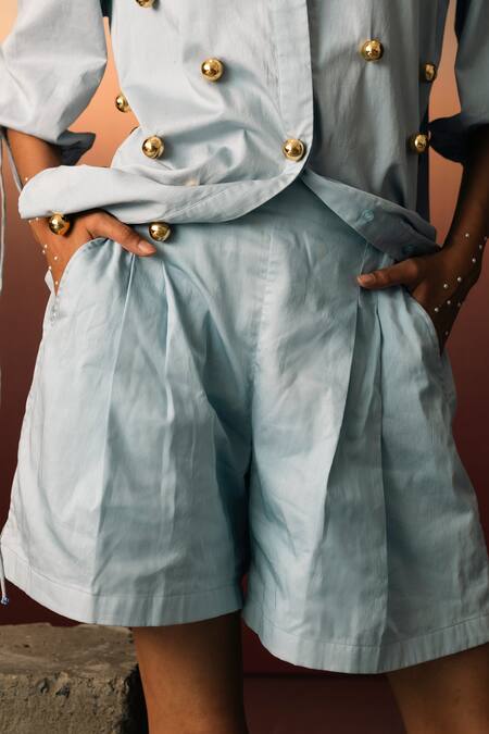 Shop_Karishma Kajaria_Blue Gingham Embroidery Mandarin Collar Hand Shirt With Short 