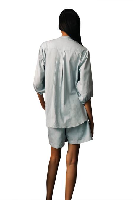 Karishma Kajaria Blue Gingham Beads Mandarin Collar Gold Plated Button Hand Embroidered Shirt at Aza Fashions Karishma Kajaria_Blue Gingham Beads Mandarin Collar Gold Plated Button Hand Embroidered Shirt _at_Aza_Fashions