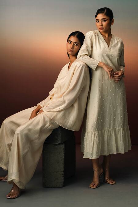 Karishma Kajaria_Beige Cotton, Silk Embroidery V-neck Hand Frill Dress _Online_at_Aza_Fashions