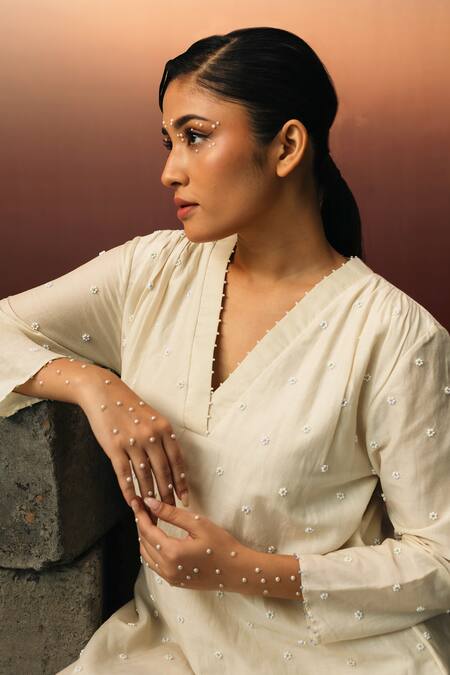 Shop_Karishma Kajaria_Beige Cotton, Silk Embroidery V-neck Hand Frill Dress _Online_at_Aza_Fashions