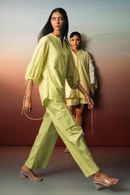 Karishma Kajaria_Green Cotton, Silk Embroidery Mandarin Collar Hand Shirt _at_Aza_Fashions