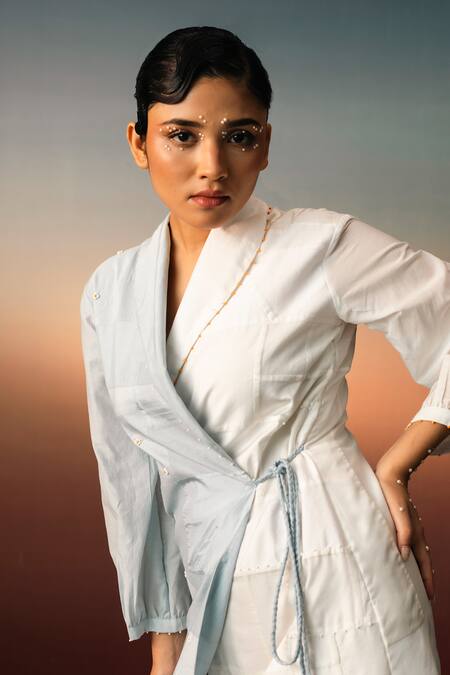 Buy_Karishma Kajaria_Blue Cotton Beads, Patchwork Collared Hand Embroidered Dress _Online_at_Aza_Fashions