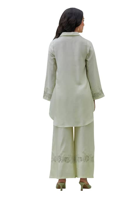 Shop_Grass & Sunshine_Green Chanderi Applique, Embroidery Collared Beaded Bloom Kurta With Pant 