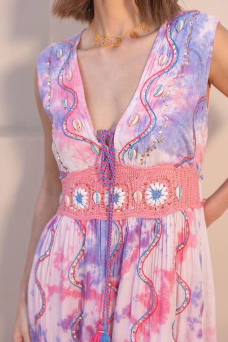 Shop_Label Reyya_Pink Cotton Embroidery Tie Dye Deep V Neck Sequin Dress _Online_at_Aza_Fashions