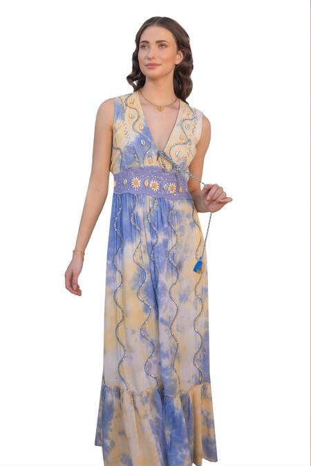 Buy_Label Reyya_Blue Cotton Sequins, Embroidery V-neck Wave Dress _Online_at_Aza_Fashions