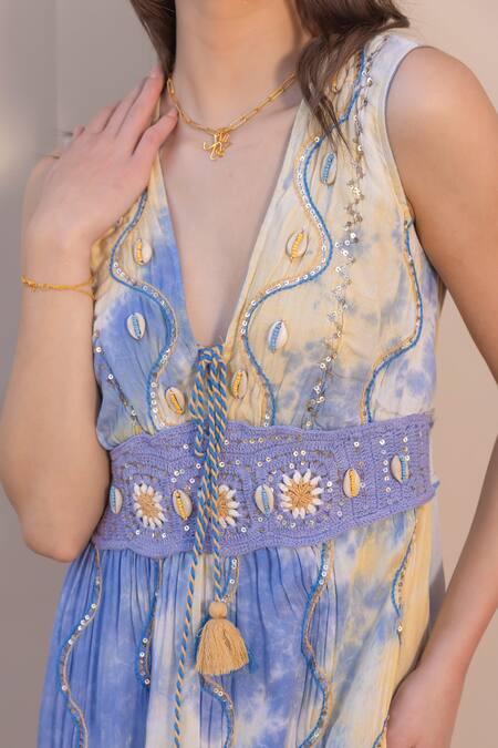 Label Reyya_Blue Cotton Sequins, Embroidery V-neck Wave Dress _at_Aza_Fashions