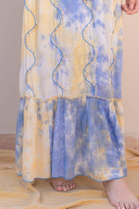 Buy_Label Reyya_Blue Cotton Sequins, Embroidery V-neck Wave Dress 