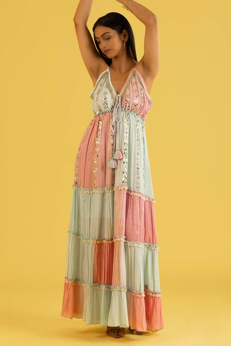 Label Reyya_Blue Cotton Rayon Embellished Mirror Deep V Neck Work Tiered Dress _Online_at_Aza_Fashions