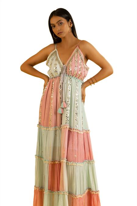 Buy_Label Reyya_Blue Cotton Rayon Embellished Mirror Deep V Neck Work Tiered Dress _Online_at_Aza_Fashions