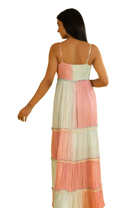 Buy_Label Reyya_Blue Cotton Rayon Embellished Mirror Deep V Neck Work Tiered Dress 