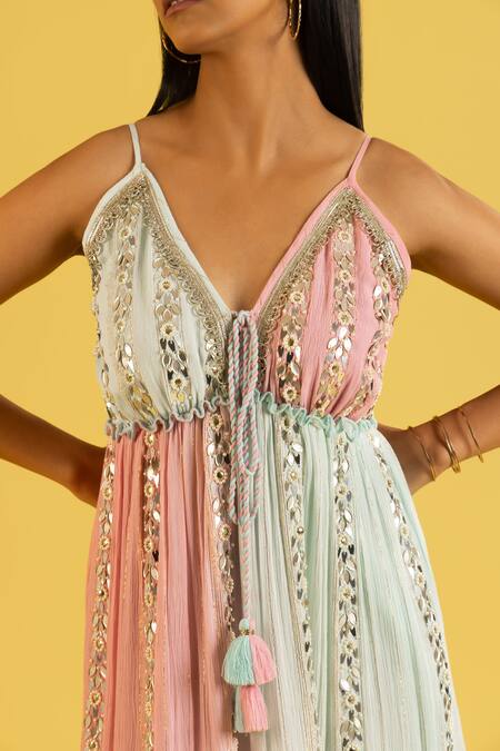 Shop_Label Reyya_Blue Cotton Rayon Embellished Mirror Deep V Neck Work Tiered Dress 