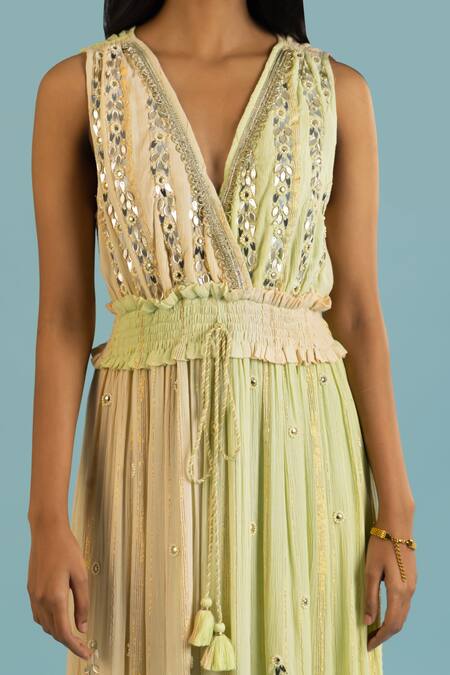 Label Reyya_Green Cotton, Rayon Mirrors, Beads, Sequins V-neck Applique Work Tiered Dress _Online_at_Aza_Fashions