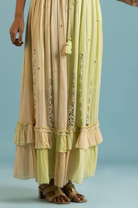 Buy_Label Reyya_Green Cotton, Rayon Mirrors, Beads, Sequins V-neck Applique Work Tiered Dress _Online_at_Aza_Fashions